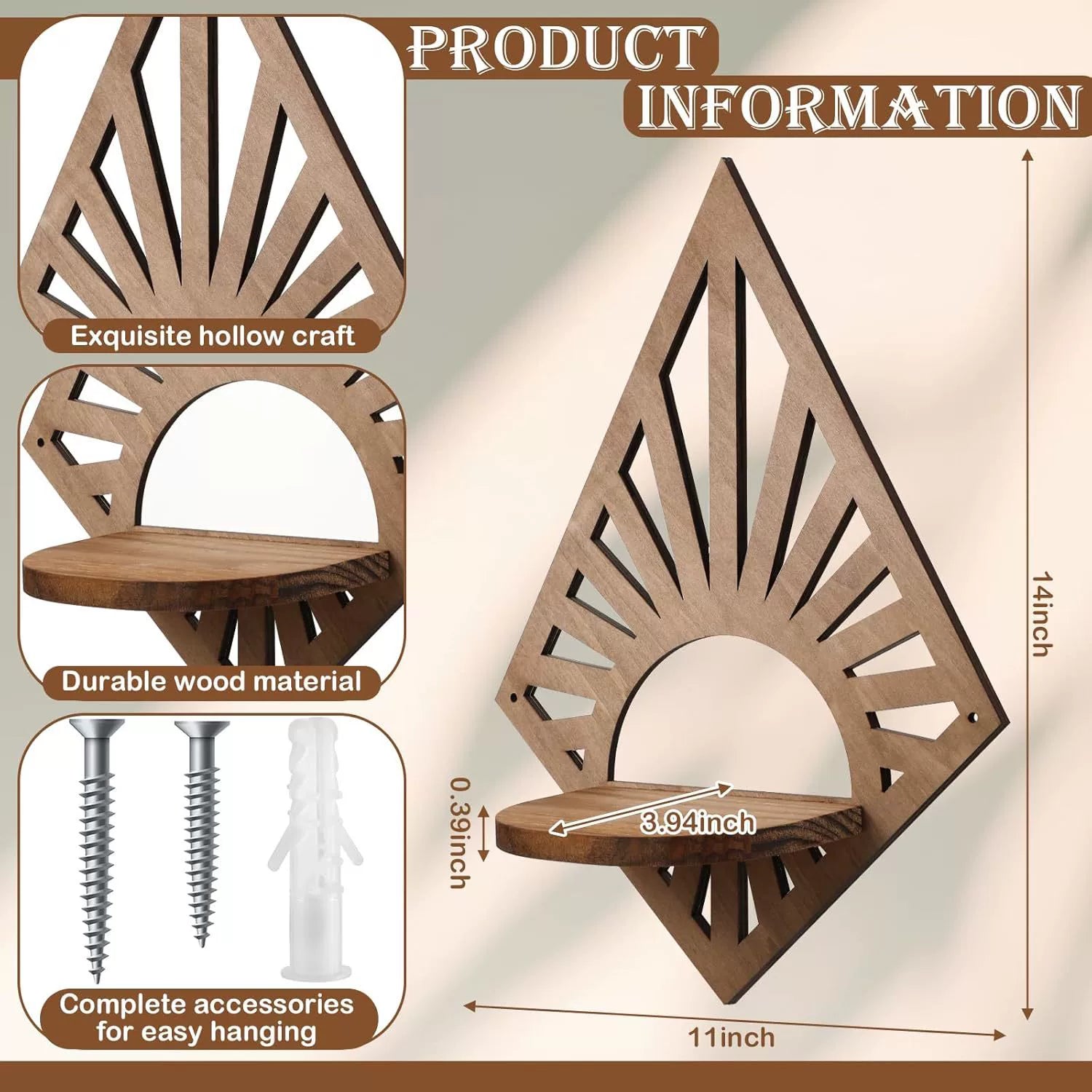 Wooden Geometric Floating Shelf - Diamond-Shaped Rustic Pine Wall Decor for Candles & Mini Accents