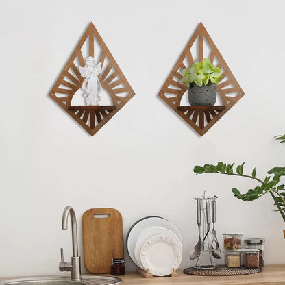 Wooden Geometric Floating Shelf - Diamond-Shaped Rustic Pine Wall Decor for Candles & Mini Accents