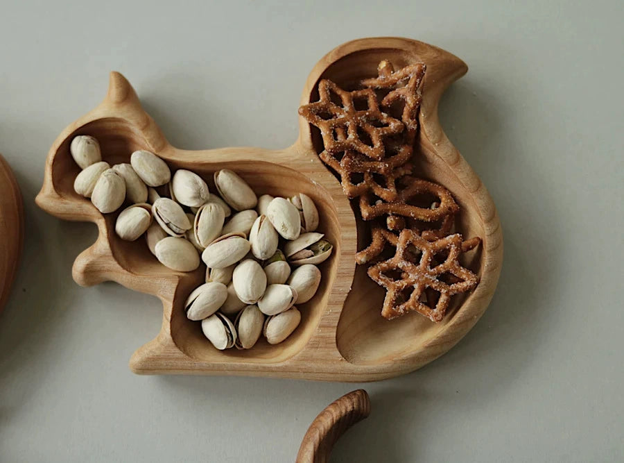 Wooden Animal Snack Trays Set Squirrel, Apple, Acorn, Pear Shapes