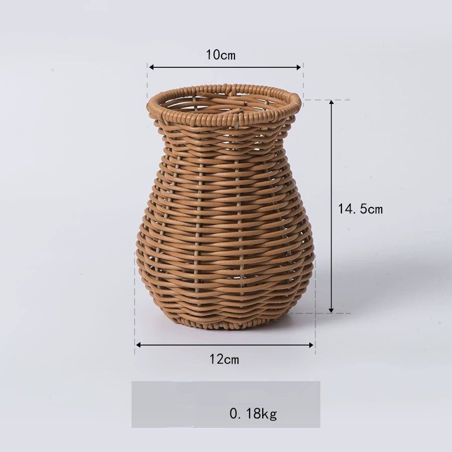 Woven Plastic Rattan Vase, 4.7"x4.7"x5.7" Handmade Decorative Vase, Indoor Tabletop Cabinet Home Decor