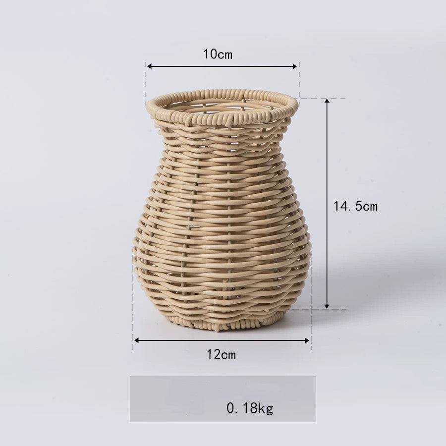 Woven Plastic Rattan Vase, 4.7"x4.7"x5.7" Handmade Decorative Vase, Indoor Tabletop Cabinet Home Decor