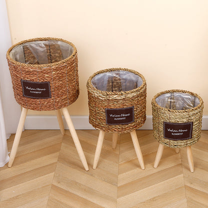 Woven Seagrass Floor Planter with Wooden Legs - 3 Sizes Rustic Decor for Living Room