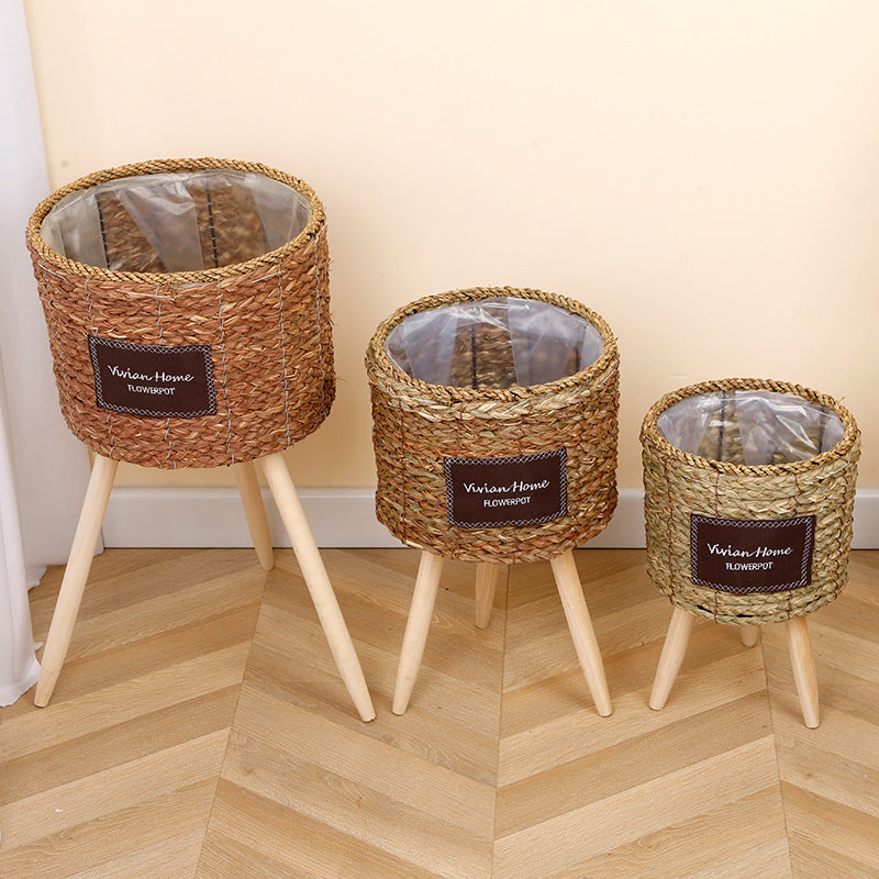 Woven Seagrass Floor Planter with Wooden Legs - 3 Sizes Rustic Decor for Living Room