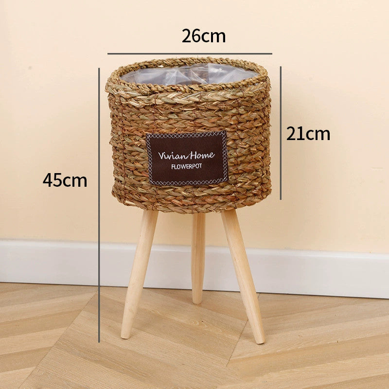 Woven Seagrass Floor Planter with Wooden Legs - 3 Sizes Rustic Decor for Living Room