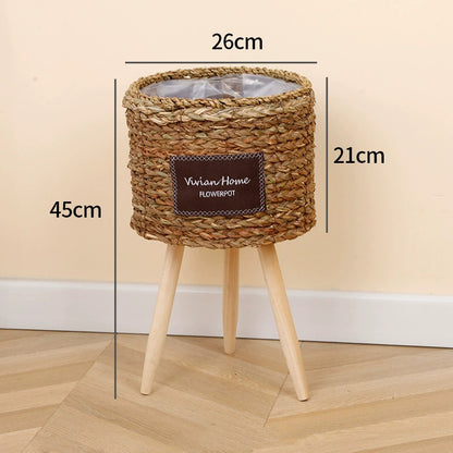 Woven Seagrass Floor Planter with Wooden Legs - 3 Sizes Rustic Decor for Living Room