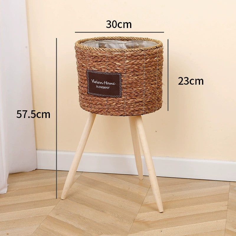 Woven Seagrass Floor Planter with Wooden Legs - 3 Sizes Rustic Decor for Living Room