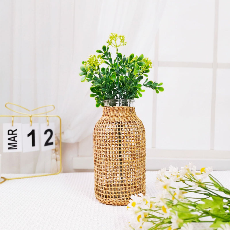 Glass Flower Vase with Rattan Cover Woven Seagrass Decor Vase, 10 Inch Artificial Plant Pot