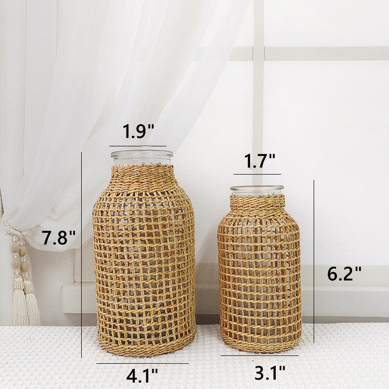 Glass Flower Vase with Rattan Cover Woven Seagrass Decor Vase, 10 Inch Artificial Plant Pot