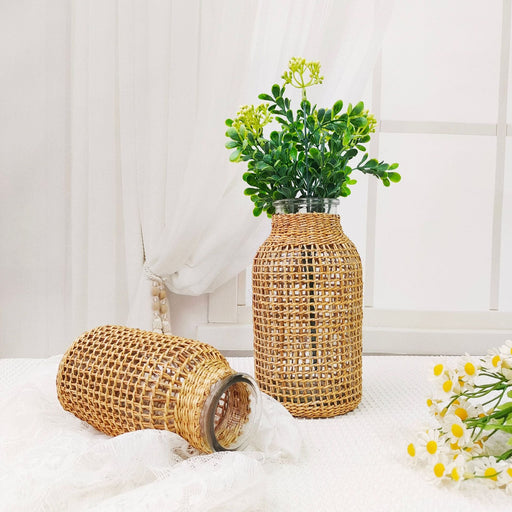 Glass Flower Vase with Rattan Cover Woven Seagrass Decor Vase, 10 Inch Artificial Plant Pot