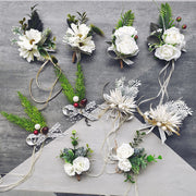Rose Wrist Corsage Bracelet and Men Boutonniere Set, White Artificial Flowers for Wedding, Bulk Quantity