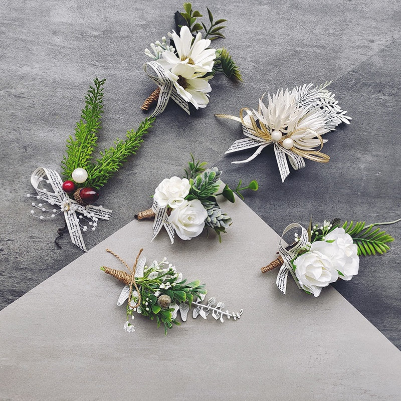 Rose Wrist Corsage Bracelet and Men Boutonniere Set, White Artificial Flowers for Wedding, Bulk Quantity