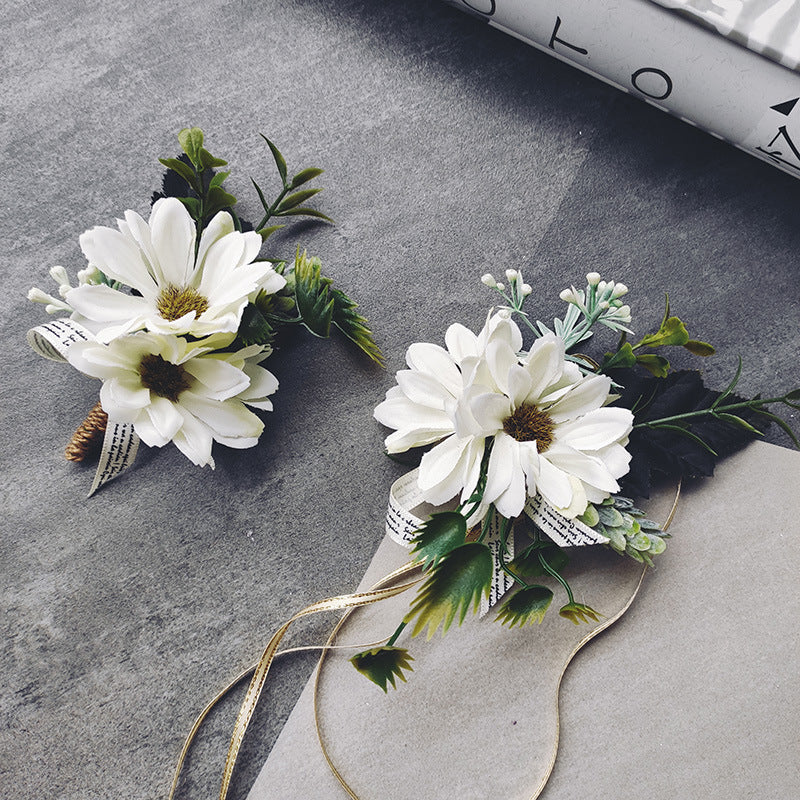 Rose Wrist Corsage Bracelet and Men Boutonniere Set, White Artificial Flowers for Wedding, Bulk Quantity