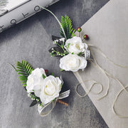 Rose Wrist Corsage Bracelet and Men Boutonniere Set, White Artificial Flowers for Wedding, Bulk Quantity