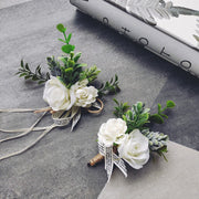 Rose Wrist Corsage Bracelet and Men Boutonniere Set, White Artificial Flowers for Wedding, Bulk Quantity
