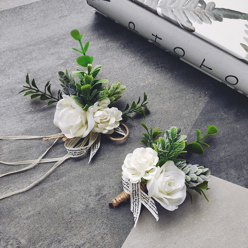Rose Wrist Corsage Bracelet and Men Boutonniere Set, White Artificial Flowers for Wedding, Bulk Quantity