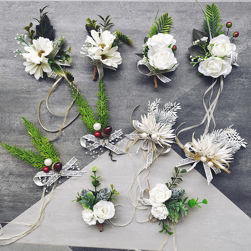 Rose Wrist Corsage Bracelet and Men Boutonniere Set, White Artificial Flowers for Wedding, Bulk Quantity