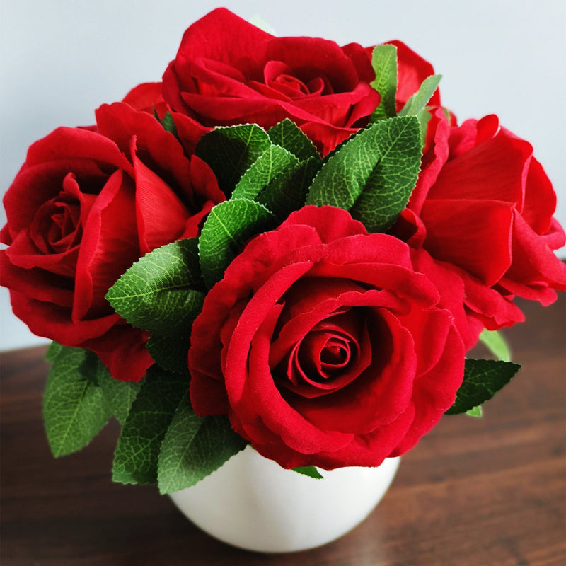 Red Rose Bouquet Artificial Velvet Flowers Arrangement – 10 Stems, 12 Inch