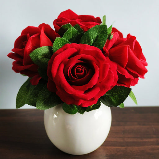 Red Rose Bouquet Artificial Velvet Flowers Arrangement – 10 Stems, 12 Inch