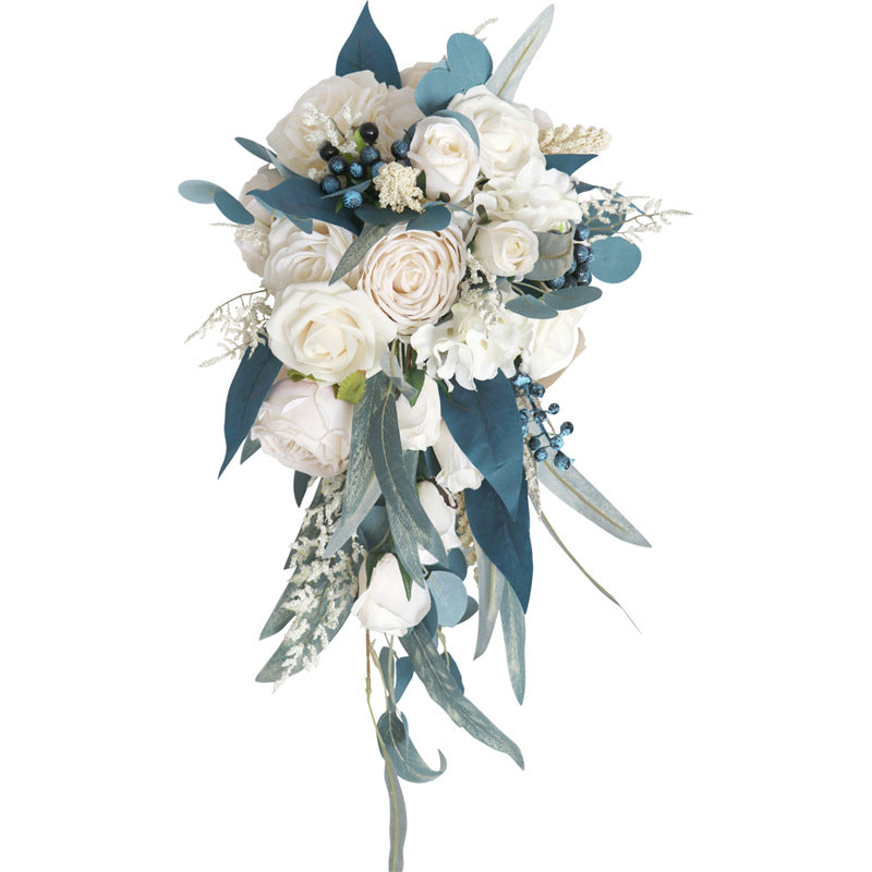 11 Inch Cascading Noble Rose Bouquet, Navy Blue and Champagne, 1 Pc Artificial Wedding Flowers