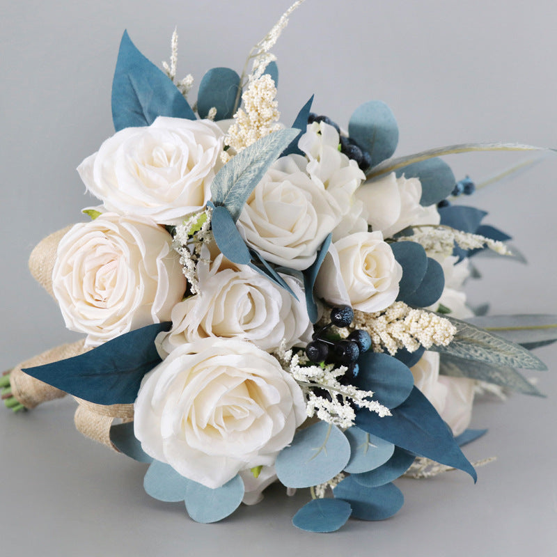 11 Inch Cascading Noble Rose Bouquet, Navy Blue and Champagne, 1 Pc Artificial Wedding Flowers