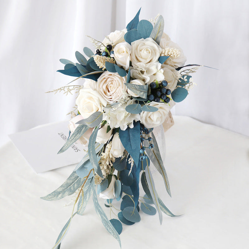 11 Inch Cascading Noble Rose Bouquet, Navy Blue and Champagne, 1 Pc Artificial Wedding Flowers