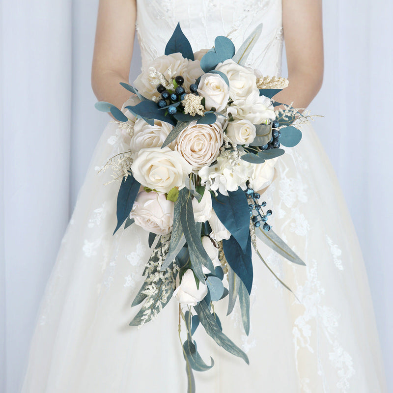 11 Inch Cascading Noble Rose Bouquet, Navy Blue and Champagne, 1 Pc Artificial Wedding Flowers