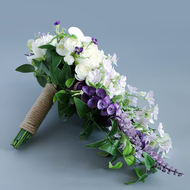 9 Inch Cascading Orchid Bouquet 12 Stems Purple and Ivory Artificial Silk Wedding Bridal Flowers
