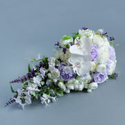 9 Inch Cascading Orchid Bouquet 12 Stems Purple and Ivory Artificial Silk Wedding Bridal Flowers