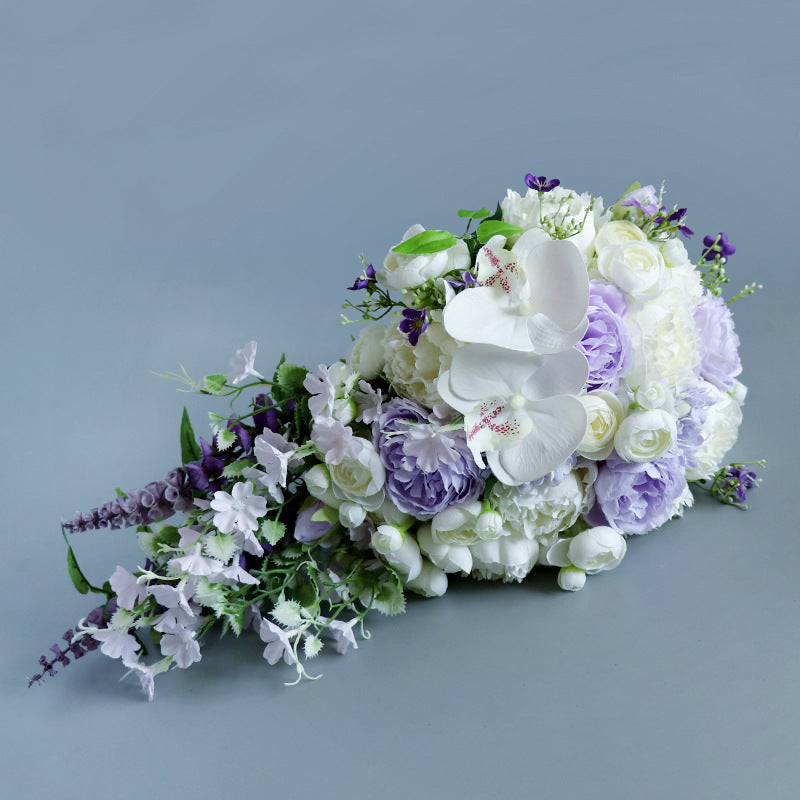 9 Inch Cascading Orchid Bouquet 12 Stems Purple and Ivory Artificial Silk Wedding Bridal Flowers