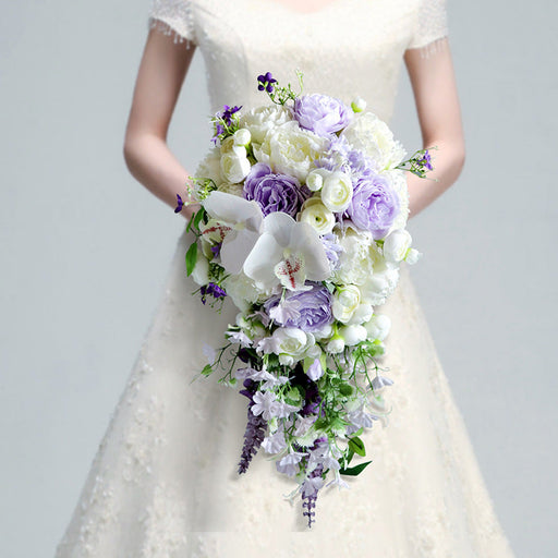 9 Inch Cascading Orchid Bouquet 12 Stems Purple and Ivory Artificial Silk Wedding Bridal Flowers