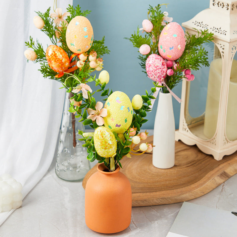 6 Pcs Artificial Easter Flower Stems with Egg Ornaments, Faux Silk Floral Stems Bulk