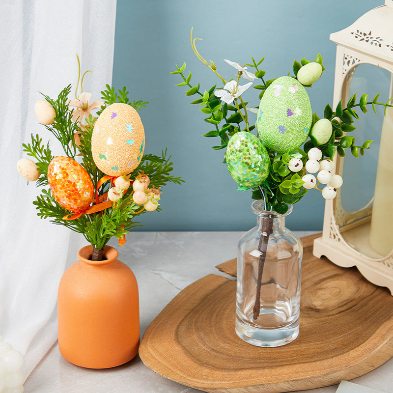 6 Pcs Artificial Easter Flower Stems with Egg Ornaments, Faux Silk Floral Stems Bulk