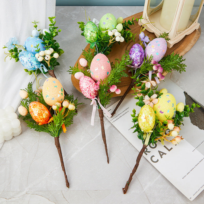 6 Pcs Artificial Easter Flower Stems with Egg Ornaments, Faux Silk Floral Stems Bulk