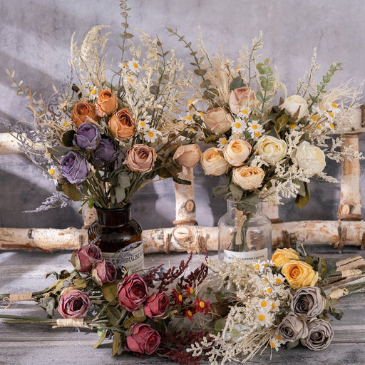Artificial Autumn Winter Flowers Bouquet, Burnt Rose, 10 Stems, Silk
