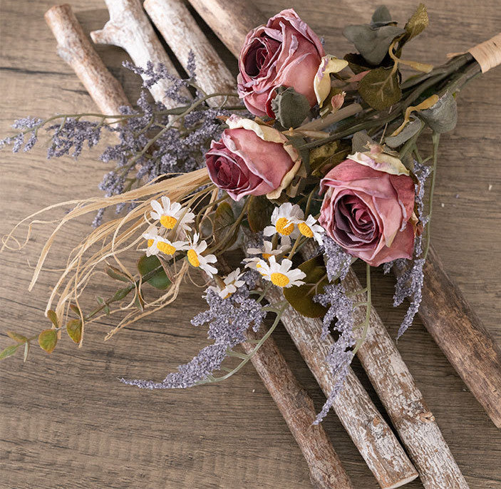 Artificial Autumn Winter Flowers Bouquet, Burnt Rose, 10 Stems, Silk