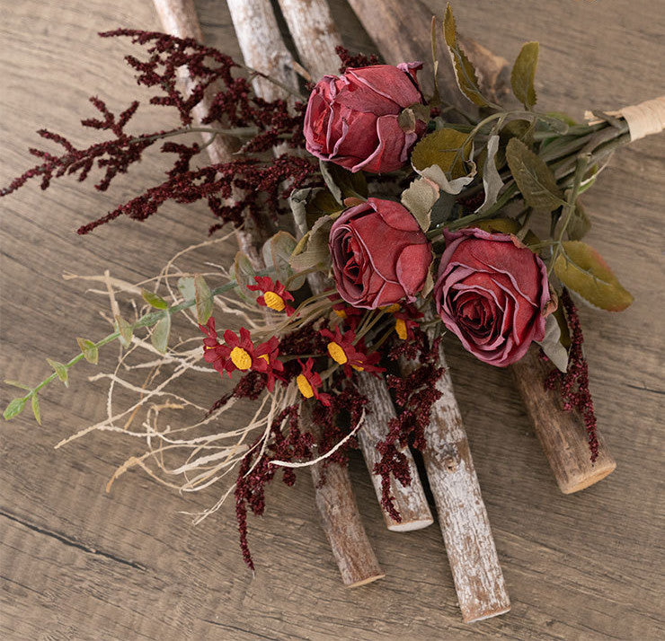 Artificial Autumn Winter Flowers Bouquet, Burnt Rose, 10 Stems, Silk