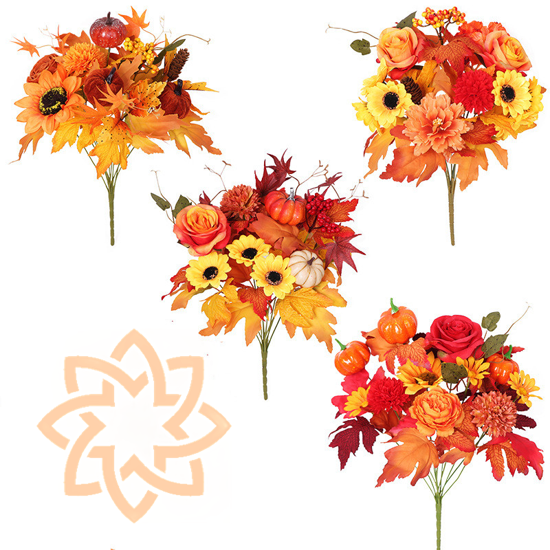 17 Inch Artificial Fall Flower Bushes 5 Types Rose Peony Sunflower Mum Pumpkin Bulk Decor
