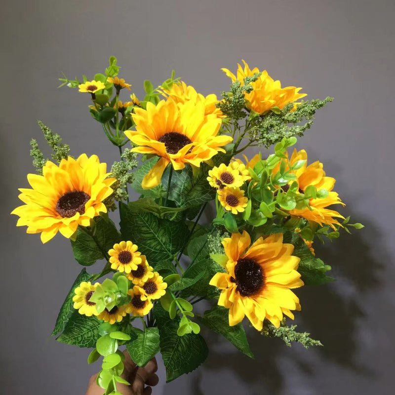 17 Inch Artificial Silk Sunflower Bush, 12 Stems, Lush Yellow Bulk Flowers