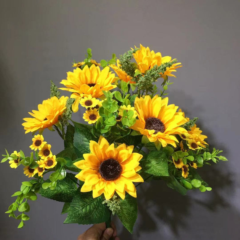 17 Inch Artificial Silk Sunflower Bush, 12 Stems, Lush Yellow Bulk Flowers