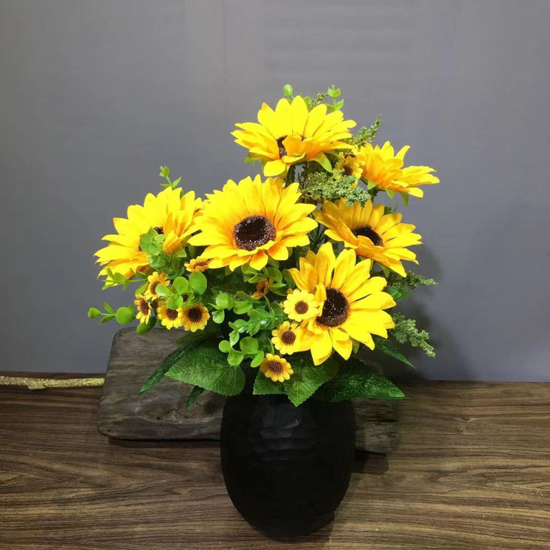 17 Inch Artificial Silk Sunflower Bush, 12 Stems, Lush Yellow Bulk Flowers