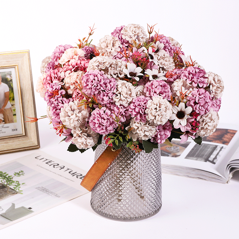 11 Inch Artificial Silk Hydrangea Bush 6 Stems Autumn Floral Decoration Bulk