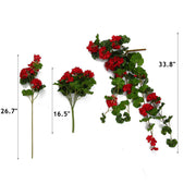 Geranium Artificial Flowers 10 Stems 12 Inch Red Silk Hanging Trailing Bush Spray