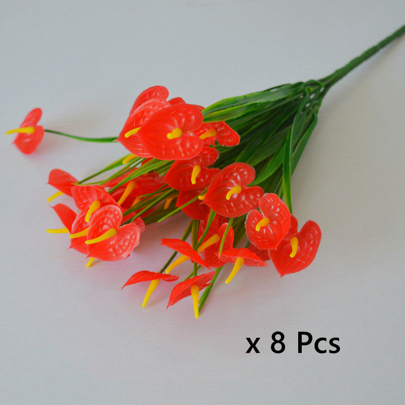 8 Bundles Anthurium Bush Artificial Flowers UV Resistant for Outdoor Gardening