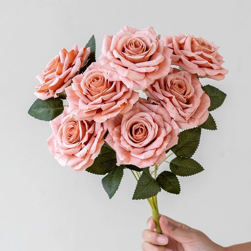 16.1 Inch 7-Head Artificial Cappuccino Rose Bouquet - Realistic Fake Flowers for Home Decor, Wedding, Valentine's Day