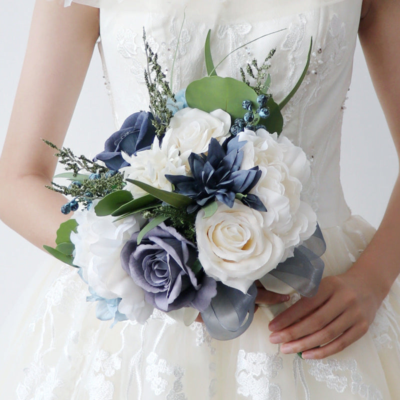 9 Inch French Bridal Artificial Wedding Bouquets White Navy 10 Pcs Bulk Wholesale