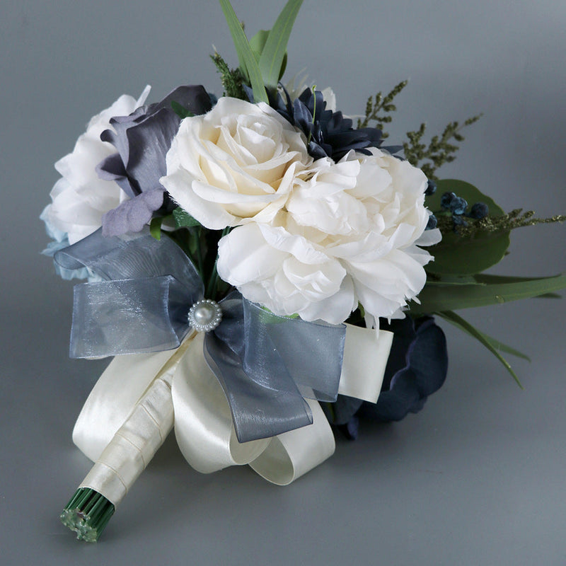 9 Inch French Bridal Artificial Wedding Bouquets White Navy 10 Pcs Bulk Wholesale