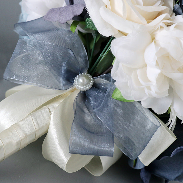 9 Inch French Bridal Artificial Wedding Bouquets White Navy 10 Pcs Bulk Wholesale