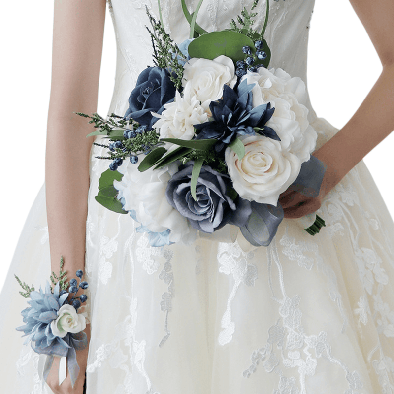 9 Inch French Bridal Artificial Wedding Bouquets White Navy 10 Pcs Bulk Wholesale