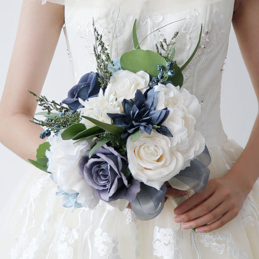 9 Inch French Bridal Artificial Wedding Bouquets White Navy 10 Pcs Bulk Wholesale