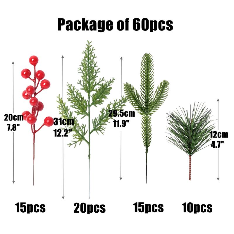 60 Pcs Artificial Pine Greenery Branches with Red Holly Berries Christmas Stems